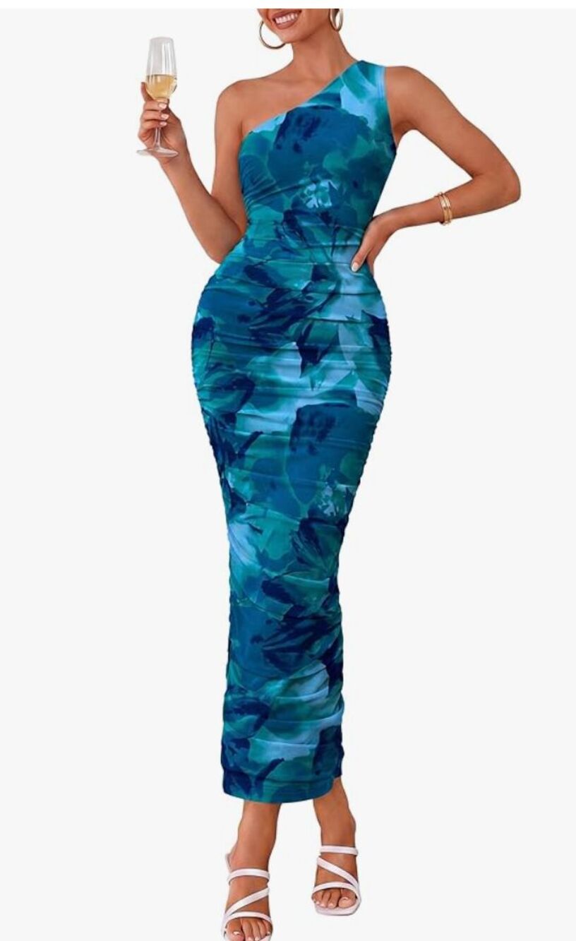 PRETTYGARDEN One Shoulder Mesh Bodycon Dress XXL Ruched Asymmetrical Wedding New